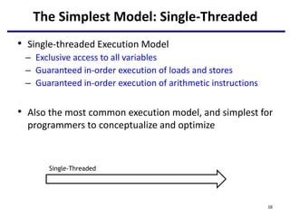 The Simplest Model: Single-Threaded
• Single-threaded Execution Model
– Exclusive access to all variables
– Guaranteed in-order execution of loads and stores
– Guaranteed in-order execution of arithmetic instructions
• Also the most common execution model, and simplest for
programmers to conceptualize and optimize
Single-Threaded
38
 