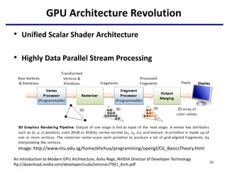 GPU Architecture Revolution
• Unified Scalar Shader Architecture
• Highly Data Parallel Stream Processing
50
An Introduction to Modern GPU Architecture, Ashu Rege, NVIDIA Director of Developer Technology
ftp://download.nvidia.com/developer/cuda/seminar/TDCI_Arch.pdf
Image: http://www.ntu.edu.sg/home/ehchua/programming/opengl/CG_BasicsTheory.html
 