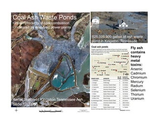 Coal Ash Waste Ponds
• Waste products of coal combustion
• Produced by coal-fired power plants

                                         525,000,000 gallon of ash waste
                                         pond in Kingston, Tennessee
                                                                Fly ash
                                                                contains
                                                                heavy
                                                                metal
                                                                toxins:
                                                                Arsenic
                                                                Cadmium
                                                                Chromium
                                                                Mercury
                                                                Radium
                                                                Selenium
                                                                Thorium
Aerial Image of Kingston Tennessee Ash                          Uranium
ݺߣ 12/23/08
 