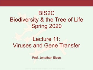 Slides by Jonathan Eisen for BIS2C at UC Davis Spring 2020
BIS2C
Biodiversity & the Tree of Life
Spring 2020
Lecture 11:
Viruses and Gene Transfer
Prof. Jonathan Eisen
 