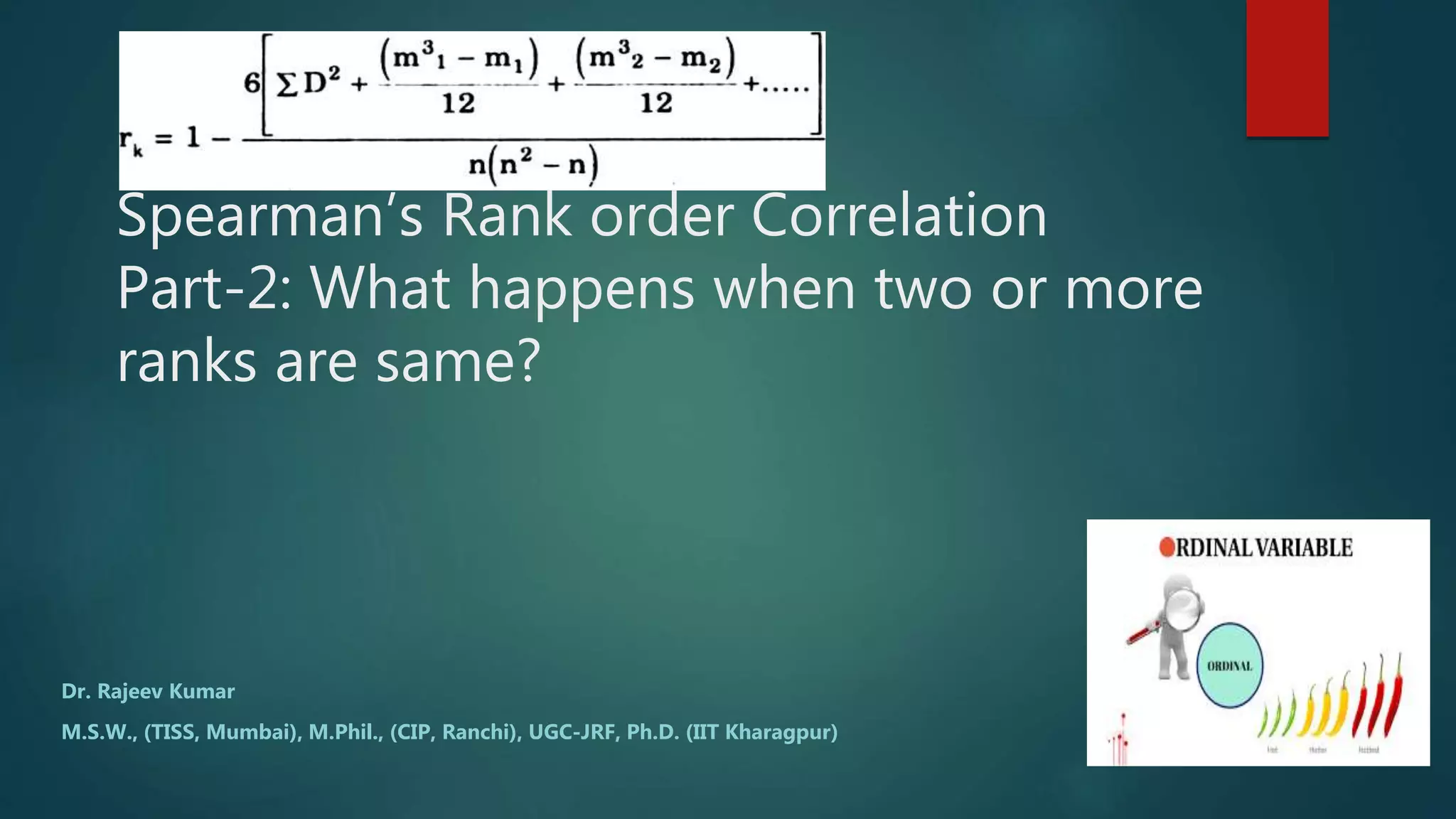 Lecture11 spearman rank correlation part-2-with tied ranks | PPTX