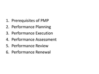 1. Prerequisites of PMP
2. Performance Planning
3. Performance Execution
4. Performance Assessment
5. Performance Review
6. Performance Renewal
 