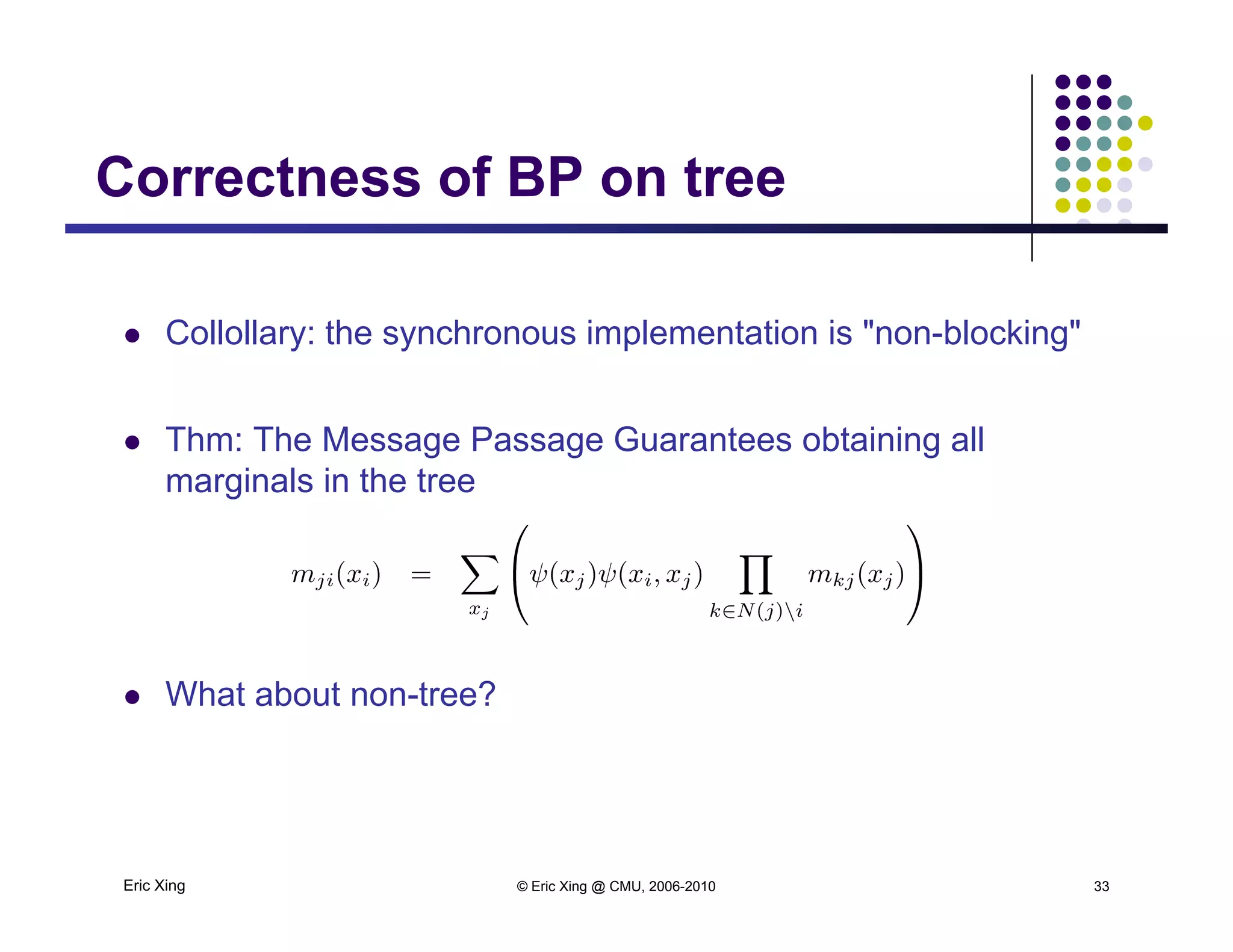 Correctness of BP on treeCorrectness of BP on tree
 Collollary: the synchronous implementation is "non-blocking"
 Thm: The Message Passage Guarantees obtaining all
marginals in the tree
 What about non-tree?
Eric Xing © Eric Xing @ CMU, 2006-2010 33
 