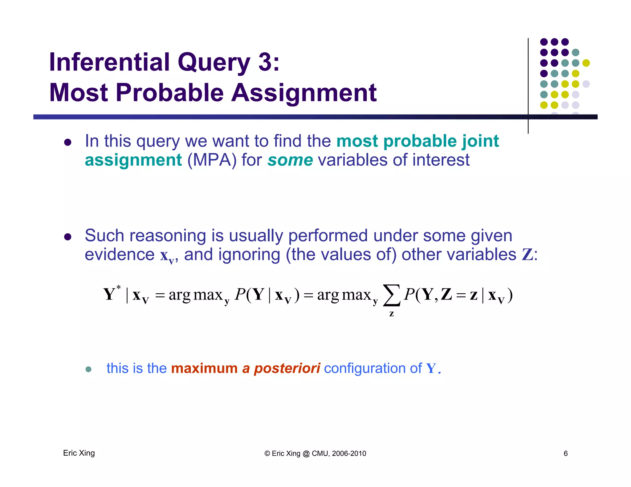 Inferential Query 3:
Most Probable Assignment
 In this query we want to find the most probable joint
Most Probable Assignment
assignment (MPA) for some variables of interest
 Such reasoning is usually performed under some given
evidence xv, and ignoring (the values of) other variables Z:
 
z
VyVyV xzZYxYxY )|,(maxarg)|(maxarg|*
PP
 this is the maximum a posteriori configuration of Y.
Eric Xing © Eric Xing @ CMU, 2006-2010 6
 
