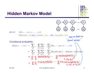 Hidden Markov ModelHidden Markov Model
y2 y3y1 yT...
p(x y) = p(x x y y )
A AA Ax2 x3x1 xT
y2 y3y1 yT...
...
p(x, y) = p(x1……xT, y1, ……, yT)
= p(y1) p(x1 | y1) p(y2 | y1) p(x2 | y2) … p(yT | yT-1) p(xT | yT)
C diti l b bilitConditional probability:
Eric Xing © Eric Xing @ CMU, 2006-2010 10
 