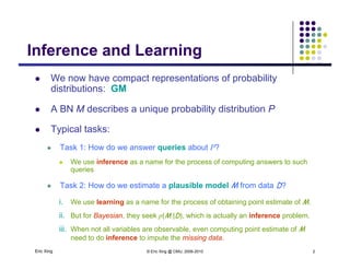 Inference and LearningInference and Learning
 We now have compact representations of probability
distributions: GM
 A BN M describes a unique probability distribution P
 Typical tasks:
 Task 1: How do we answer queries about P?
 We use inference as a name for the process of computing answers to such
queries
 Task 2: How do we estimate a plausible model M from data D? Task 2: How do we estimate a plausible model M from data D?
i. We use learning as a name for the process of obtaining point estimate of M.
ii. But for Bayesian, they seek p(M |D), which is actually an inference problem.
Eric Xing © Eric Xing @ CMU, 2006-2010 2
iii. When not all variables are observable, even computing point estimate of M
need to do inference to impute the missing data.
 