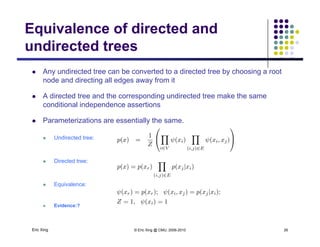 Equivalence of directed and
undirected trees
 Any undirected tree can be converted to a directed tree by choosing a root
undirected trees
node and directing all edges away from it
 A directed tree and the corresponding undirected tree make the same
conditional independence assertionsp
 Parameterizations are essentially the same.
 Undirected tree: Undirected tree:
 Directed tree:
 Equivalence:
Eric Xing © Eric Xing @ CMU, 2006-2010 26
 Evidence:?
 