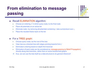 From elimination to message
passingpassing
 Recall ELIMINATION algorithm:
 Choose an ordering Z in which query node f is the final node
 Place all potentials on an active list
 Eliminate node i by removing all potentials containing i, take sum/product over xi.
Place the resultant factor back on the list Place the resultant factor back on the list
 For a TREE graph:
 Choose query node f as the root of the tree
 View tree as a directed tree with edges pointing towards from f
 Elimination ordering based on depth-first traversal
 Elimination of each node can be considered as message-passing (or Belief Propagation) Elimination of each node can be considered as message passing (or Belief Propagation)
directly along tree branches, rather than on some transformed graphs
 thus, we can use the tree itself as a data-structure to do general inference!!
Eric Xing © Eric Xing @ CMU, 2006-2010 27
 