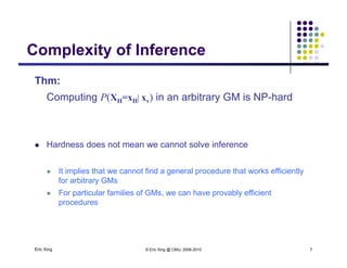 Complexity of Inference
Thm:
Complexity of Inference
Thm:
Computing P(XH=xH| xv) in an arbitrary GM is NP-hard
 Hardness does not mean we cannot solve inference
 It implies that we cannot find a general procedure that works efficiently
for arbitrary GMsy
 For particular families of GMs, we can have provably efficient
procedures
Eric Xing © Eric Xing @ CMU, 2006-2010 7
 
