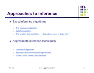 Approaches to inferenceApproaches to inference
 Exact inference algorithmsg
 The elimination algorithm
 Belief propagationp p g
 The junction tree algorithms (but will not cover in detail here)
 Approximate inference techniques Approximate inference techniques
 Variational algorithmsVariational algorithms
 Stochastic simulation / sampling methods
 Markov chain Monte Carlo methods
Eric Xing © Eric Xing @ CMU, 2006-2010 8
 