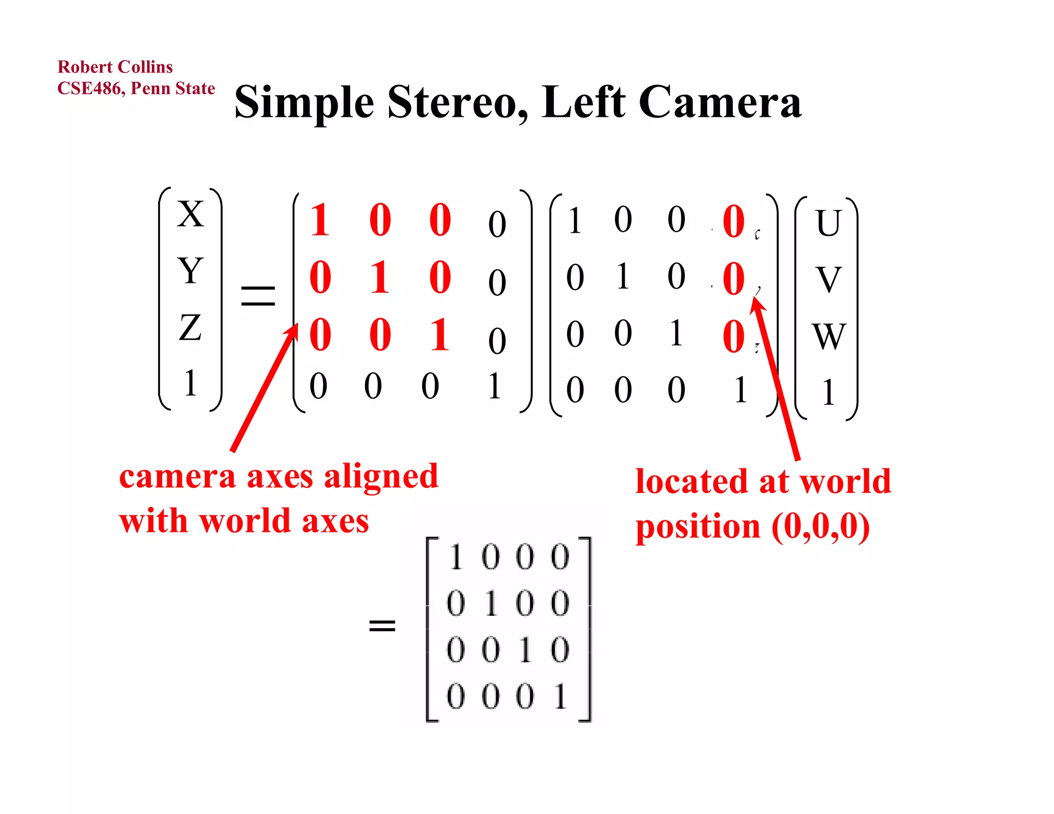 Robert Collins
CSE486, Penn State
                     Simple Stereo, Left Camera

             X          1
                        r11   r12 r0 
                              0 13       1   0       0
                                                  0  cx   U
             Y          0
                        r21   r22 r0 
                              1 23       0   1       0
                                                  0  cy   V
             Z          0 r32 r1 
                          0 33
                        r31              0   0       0
                                                  1  cz   W
             1          0 0 0 1          0   0    0 1      1

      camera axes aligned                        located at world
      with world axes                            position (0,0,0)

                              =
 