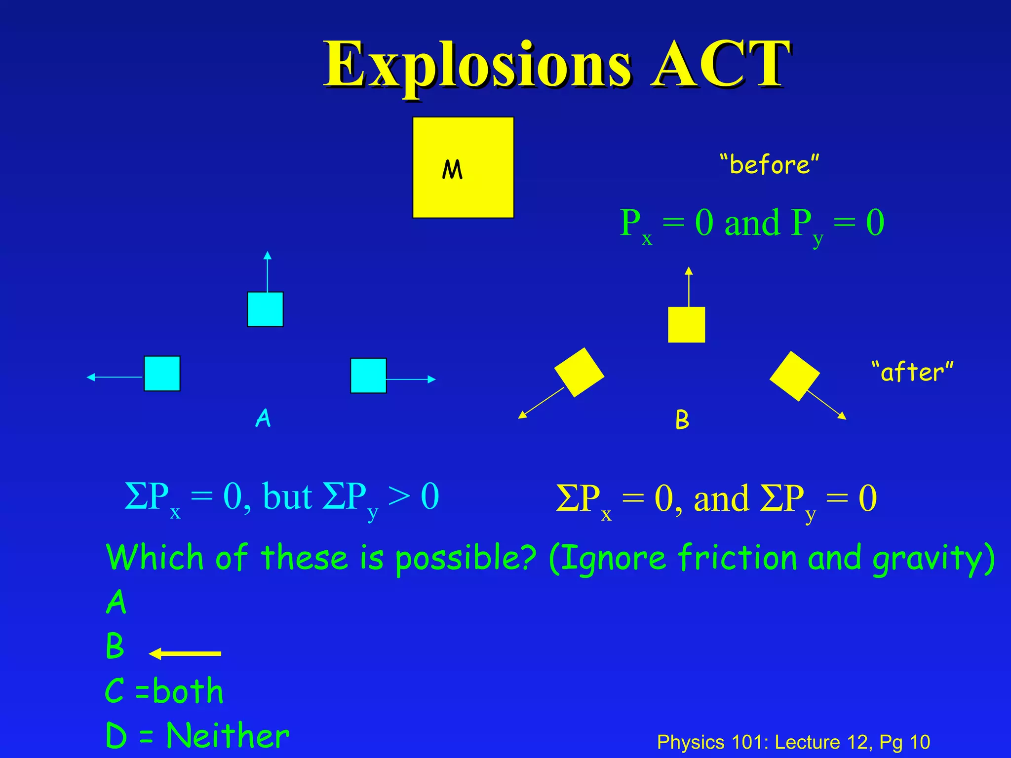 Explosions ACT “ before” A B Which of these is possible? (Ignore friction and gravity) A B C =both D = Neither “ after” P x  = 0 and P y  = 0  P x  = 0, but   P y  > 0  P x  = 0, and   P y  = 0 M 