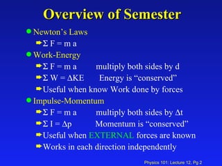 Overview of Semester Newton’s Laws    F = m a  Work-Energy    F = m a  multiply both sides by d    W =   KE  Energy is “conserved” Useful when know Work done by forces Impulse-Momentum    F = m a  multiply both sides by   t    I =   p  Momentum is “conserved” Useful when  EXTERNAL  forces are known Works in each direction independently 