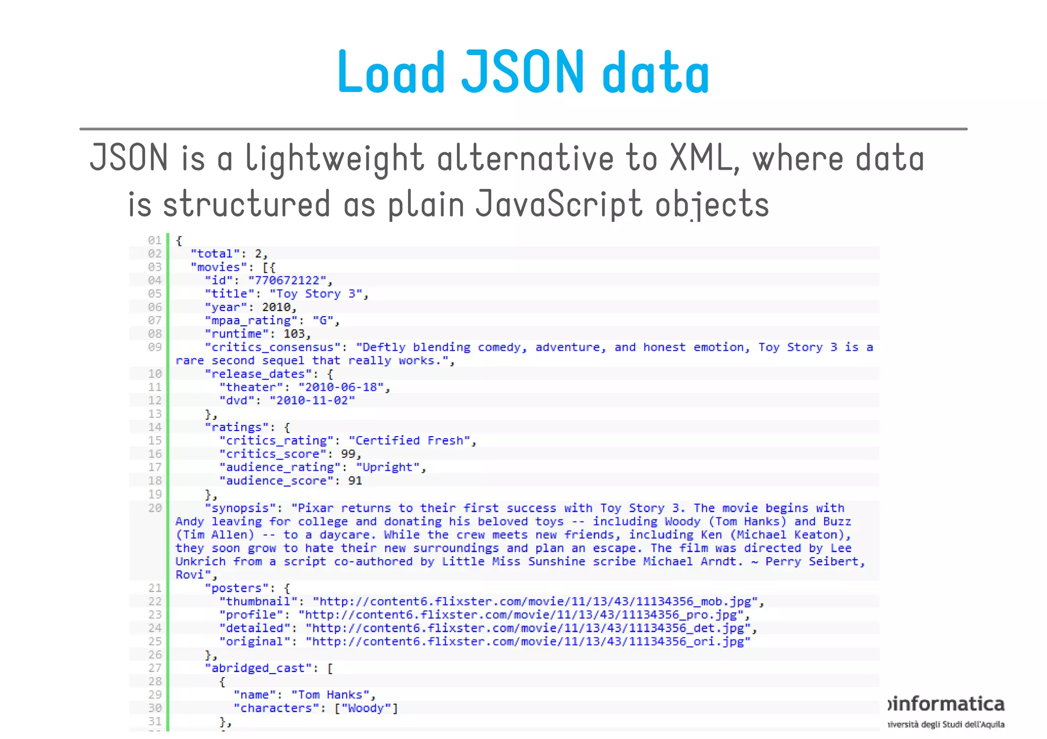 Load JSON data
JSON is a lightweight alternative to XML, where data
  is structured as plain JavaScript objects
 
