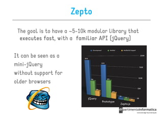 Zepto
 The goal is to have a ~5-10k modular library that
  executes fast with a familiar API (jQuery)
            fast,                     (jQuery
                                       jQuery)

It can be seen as a
mini-jQuery
without support for
older browsers
 