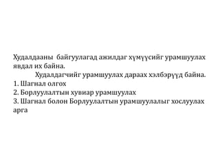 Худалдааны байгуулагад ажилдаг хүмүүсийг урамшуулах
явдал их байна.
Худалдагчийг урамшуулах дараах хэлбэрүүд байна.
1. Шагнал олгох
2. Борлуулалтын хувиар урамшуулах
3. Шагнал болон Борлуулалтын урамшуулалыг хослуулах
арга

 