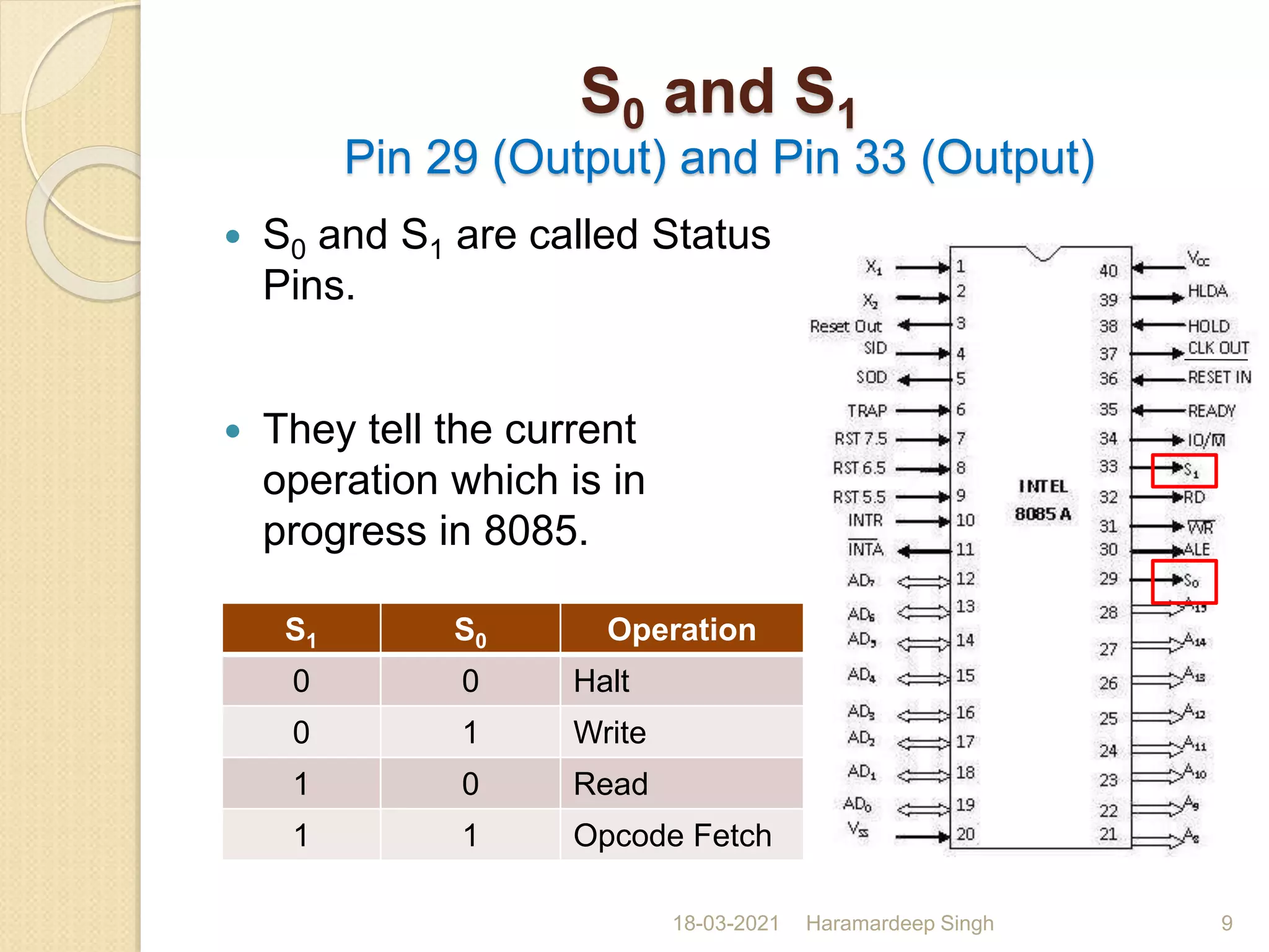 S0 and S1
Pin 29 (Output) and Pin 33 (Output)
9
 S0 and S1 are called Status
Pins.
 They tell the current
operation which is in
progress in 8085.
S1 S0 Operation
0 0 Halt
0 1 Write
1 0 Read
1 1 Opcode Fetch
18-03-2021 Haramardeep Singh
 
