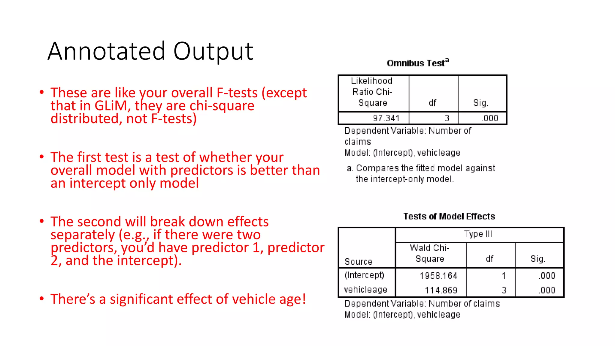 Annotated Output
• These are like your overall F-tests (except
that in GLiM, they are chi-square
distributed, not F-tests)
• The first test is a test of whether your
overall model with predictors is better than
an intercept only model
• The second will break down effects
separately (e.g., if there were two
predictors, you’d have predictor 1, predictor
2, and the intercept).
• There’s a significant effect of vehicle age!
 