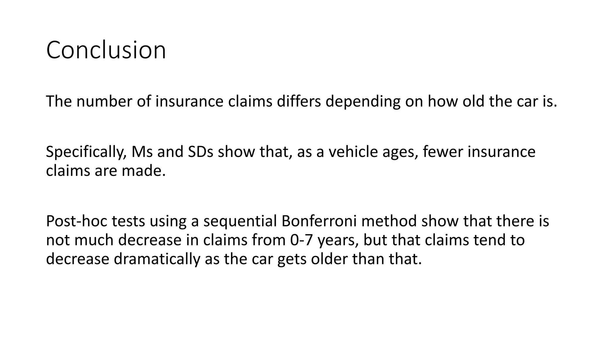Conclusion
The number of insurance claims differs depending on how old the car is.
Specifically, Ms and SDs show that, as a vehicle ages, fewer insurance
claims are made.
Post-hoc tests using a sequential Bonferroni method show that there is
not much decrease in claims from 0-7 years, but that claims tend to
decrease dramatically as the car gets older than that.
 