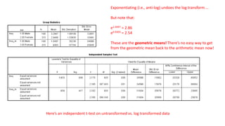 Exponentiating (i.e., anti-log) undoes the log transform …
But note that:
e1.0497 = 2.86
e0.9303 = 2.54
These are the geometric means! There’s no easy way to get
from the geometric mean back to the arithmetic mean now!
Here’s an independent t-test on untransformed vs. log transformed data
 