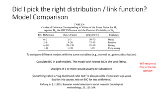 Did I pick the right distribution / link function?
Model Comparison
To compare different models with the same variables (e.g., normal vs. gamma distribution)
Calculate BIC in both models. The model with lowest BIC is the best fitting.
Changes of 6 or more would usually be substantive
(Something called a “log-likelihood ratio test” is also possible if you want a p-value
But for this course, rely on BIC for less arithmetic)
Raftery, A. E. (1995). Bayesian model selection in social research. Sociological
methodology, 25, 111-164.
Will return to
this in the lab
portion
 