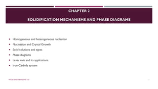 CHAPTER 2
SOLIDIFICATION MECHANISMS AND PHASE DIAGRAMS
 Homogeneous and heterogeneous nucleation
 Nucleation and Crystal Growth
 Solid solutions and types
 Phase diagrams
 Lever rule and its applications
 Iron-Carbide system
MTE/III SEMESTER/MSE/MTE 2101 1
 