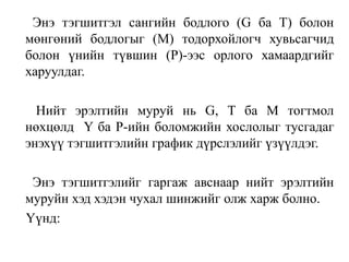 Энэ тэгшитгэл сангийн бодлого (G ба T) болон
мөнгөний бодлогыг (М) тодорхойлогч хувьсагчид
болон үнийн түвшин (P)-ээс орлого хамаардгийг
харуулдаг.
Нийт эрэлтийн муруй нь G, T ба M тогтмол
нөхцөлд Y ба P-ийн боломжийн хослолыг тусгадаг
энэхүү тэгшитгэлийн график дүрслэлийг үзүүлдэг.
Энэ тэгшитгэлийг гаргаж авснаар нийт эрэлтийн
муруйн хэд хэдэн чухал шинжийг олж харж болно.
Үүнд:
 