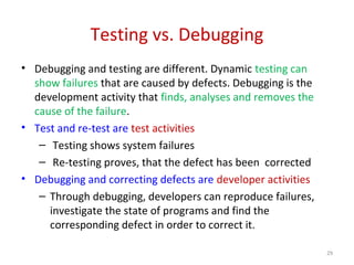 Testing vs. Debugging
• Debugging and testing are different. Dynamic testing can
show failures that are caused by defects. Debugging is the
development activity that finds, analyses and removes the
cause of the failure.
• Test and re-test are test activities
– Testing shows system failures
– Re-testing proves, that the defect has been corrected
• Debugging and correcting defects are developer activities
– Through debugging, developers can reproduce failures,
investigate the state of programs and find the
corresponding defect in order to correct it.
29
 