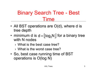 AVL Trees 3
Binary Search Tree - Best
Time
• All BST operations are O(d), where d is
tree depth
• minimum d is for a binary tree
with N nodes
› What is the best case tree?
› What is the worst case tree?
• So, best case running time of BST
operations is O(log N)
⎣ ⎦Nlogd 2=
 