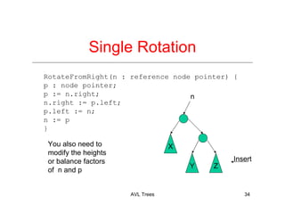 AVL Trees 34
Single Rotation
RotateFromRight(n : reference node pointer) {
p : node pointer;
p := n.right;
n.right := p.left;
p.left := n;
n := p
}
X
Y Z
n
You also need to
modify the heights
or balance factors
of n and p
Insert
 