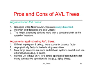 AVL Trees 38
Arguments for AVL trees:
1. Search is O(log N) since AVL trees are always balanced.
2. Insertion and deletions are also O(logn)
3. The height balancing adds no more than a constant factor to the
speed of insertion.
Arguments against using AVL trees:
1. Difficult to program & debug; more space for balance factor.
2. Asymptotically faster but rebalancing costs time.
3. Most large searches are done in database systems on disk and use
other structures (e.g. B-trees).
4. May be OK to have O(N) for a single operation if total run time for
many consecutive operations is fast (e.g. Splay trees).
Pros and Cons of AVL Trees
 