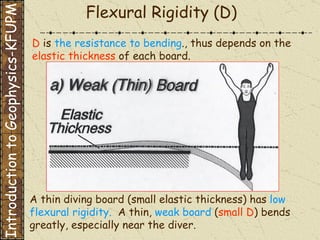 Flexural Rigidity (D) A thin diving board (small elastic thickness) has  low flexural rigidity.   A thin,  weak board  ( small D ) bends greatly, especially near the diver. D   is  the resistance to bending ., thus depends on the   elastic thickness   of each board. Introduction to Geophysics-KFUPM 