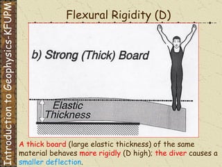 Flexural Rigidity (D) A thick board  (large elastic thickness) of the same material behaves  more rigidly  (D high);  the diver  causes a  smaller deflection . Introduction to Geophysics-KFUPM 