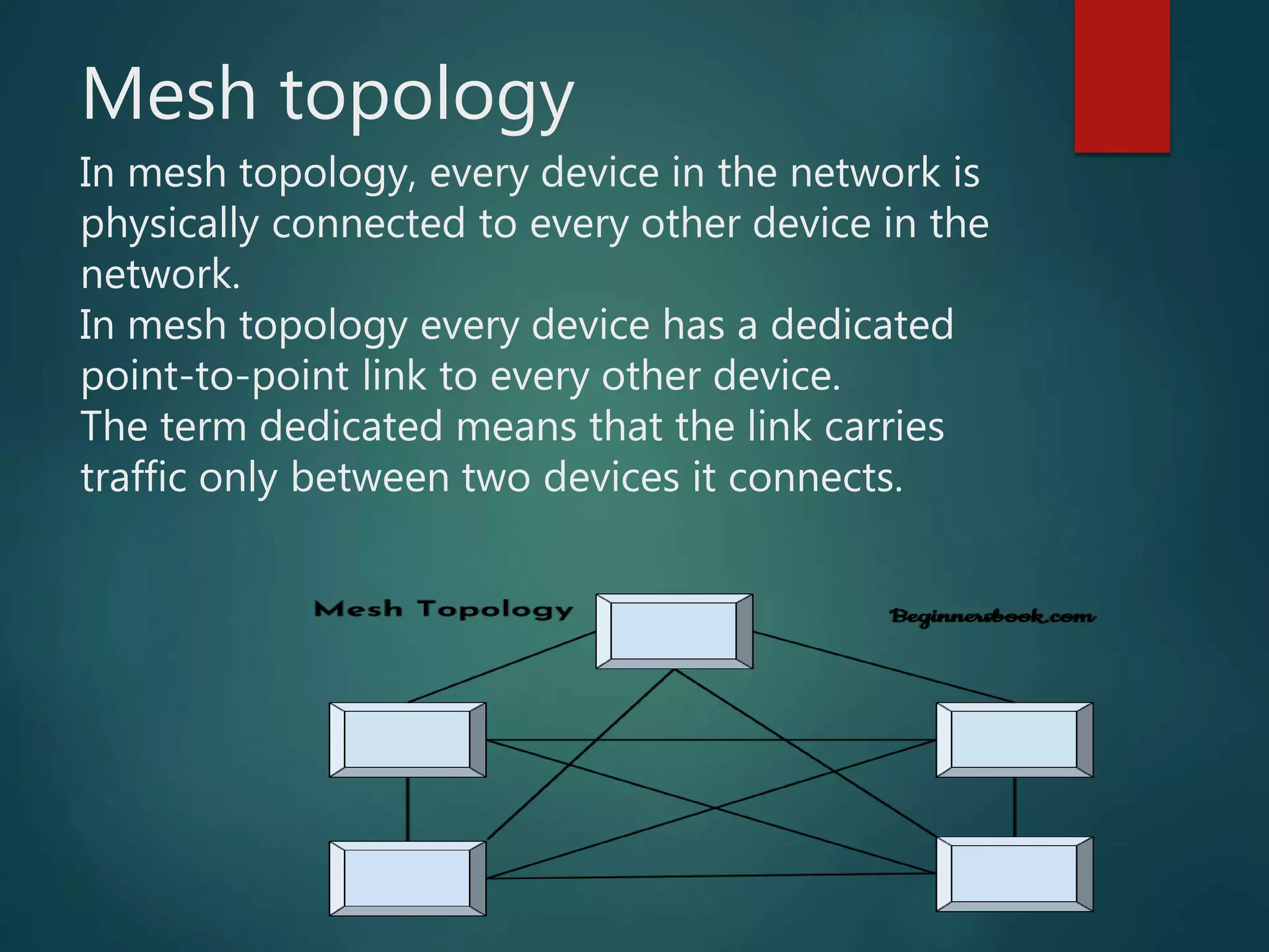 Mesh topology
In mesh topology, every device in the network is
physically connected to every other device in the
network.
In mesh topology every device has a dedicated
point-to-point link to every other device.
The term dedicated means that the link carries
traffic only between two devices it connects.
 