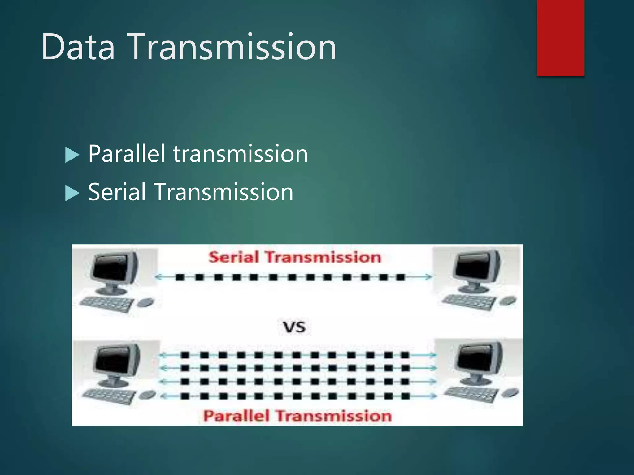 Data Transmission
 Parallel transmission
 Serial Transmission
 