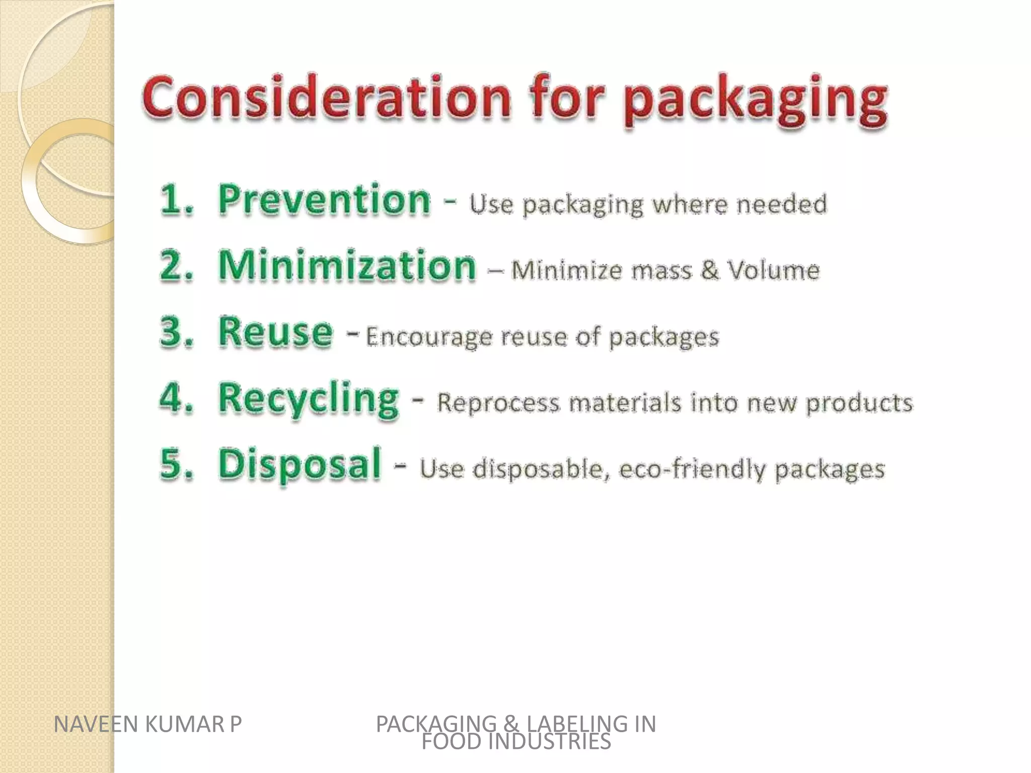 PACKAGING & LABELING IN
FOOD INDUSTRIES
NAVEEN KUMAR P
 