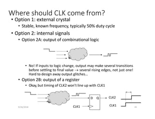 9/26/2018 45
Where should CLK come from?
• Option 1: external crystal
• Stable, known frequency, typically 50% duty cycle
• Option 2: internal signals
• Option 2A: output of combinational logic
• No! If inputs to logic change, output may make several transitions
before settling to final value  several rising edges, not just one!
Hard to design away output glitches…
• Option 2B: output of a register
• Okay, but timing of CLK2 won’t line up with CLK1
D Q
CLK1
CLK2
CLK1
 