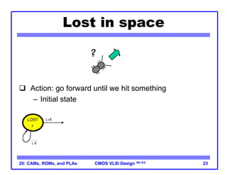 CMOS VLSI Design
CMOS VLSI Design 4th Ed.
20: CAMs, ROMs, and PLAs 23
Lost in space
 Action: go forward until we hit something
– Initial state
 