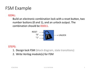 FSM Example
GOAL:
Build an electronic combination lock with a reset button, two
number buttons (0 and 1), and an unlock output. The
combination should be 01011.
RESET
“0”
“1”
9/26/2018 6.111 Fall 2018 1
UNLOCK
STEPS:
1. Design lock FSM (block diagram, state transitions)
2. Write Verilog module(s) for FSM
 