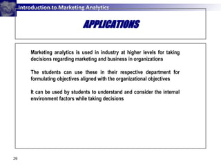 Introduction to Marketing Analytics
APPLICATIONS
29
Marketing analytics is used in industry at higher levels for taking
decisions regarding marketing and business in organizations
The students can use these in their respective department for
formulating objectives aligned with the organizational objectives
It can be used by students to understand and consider the internal
environment factors while taking decisions
 