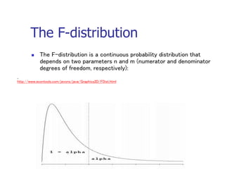 The F-distribution
 The F-distribution is a continuous probability distribution that
depends on two parameters n and m (numerator and denominator
degrees of freedom, respectively):
http://www.econtools.com/jevons/java/Graphics2D/FDist.html
 