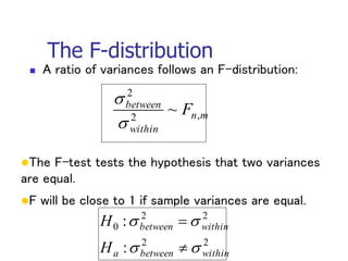The F-distribution
 A ratio of variances follows an F-distribution:
2
2
2
2
0
:
:
within
between
a
within
between
H
H






The F-test tests the hypothesis that two variances
are equal.
F will be close to 1 if sample variances are equal.
m
n
within
between
F ,
2
2
~


 