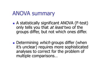ANOVA summary
 A statistically significant ANOVA (F-test)
only tells you that at least two of the
groups differ, but not which ones differ.
 Determining which groups differ (when
it’s unclear) requires more sophisticated
analyses to correct for the problem of
multiple comparisons…
 