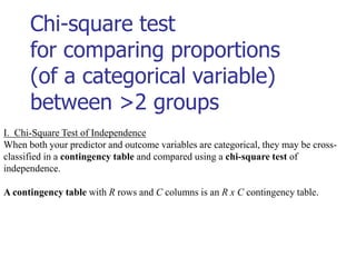 Chi-square test
for comparing proportions
(of a categorical variable)
between >2 groups
I. Chi-Square Test of Independence
When both your predictor and outcome variables are categorical, they may be cross-
classified in a contingency table and compared using a chi-square test of
independence.
A contingency table with R rows and C columns is an R x C contingency table.
 