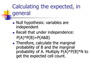 Calculating the expected, in
general
 Null hypothesis: variables are
independent
 Recall that under independence:
P(A)*P(B)=P(A&B)
 Therefore, calculate the marginal
probability of B and the marginal
probability of A. Multiply P(A)*P(B)*N to
get the expected cell count.
 