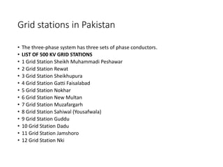 Grid stations in Pakistan
• The three-phase system has three sets of phase conductors.
• LIST OF 500 KV GRID STATIONS
• 1 Grid Station Sheikh Muhammadi Peshawar
• 2 Grid Station Rewat
• 3 Grid Station Sheikhupura
• 4 Grid Station Gatti Faisalabad
• 5 Grid Station Nokhar
• 6 Grid Station New Multan
• 7 Grid Station Muzafargarh
• 8 Grid Station Sahiwal (Yousafwala)
• 9 Grid Station Guddu
• 10 Grid Station Dadu
• 11 Grid Station Jamshoro
• 12 Grid Station Nki
 