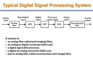 Typical Digital Signal Processing System
4
It consists of
• an analog filter called (anti-imaging) filter,
• an analog-to-digital conversion (ADC) unit,
• a digital signal (DS) processor,
• a digital-to-analog conversion (DAC) unit,
• and an analog filter called reconstruction (anti-image) filter.
 