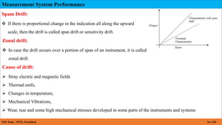 Measurement System Performance
EEE Dept., NITK, Surathkal. No: 025
Spam Drift:
 If there is proportional change in the indication all along the upward
scale, then the drift is called span drift or sensitivity drift.
Zonal drift:
 In case the drift occurs over a portion of span of an instrument, it is called
zonal drift.
Cause of drift:
 Stray electric and magnetic fields
 Thermal emfs,
 Changes in temperature,
 Mechanical Vibrations,
 Wear, tear and some high mechanical stresses developed in some parts of the instruments and systems
 