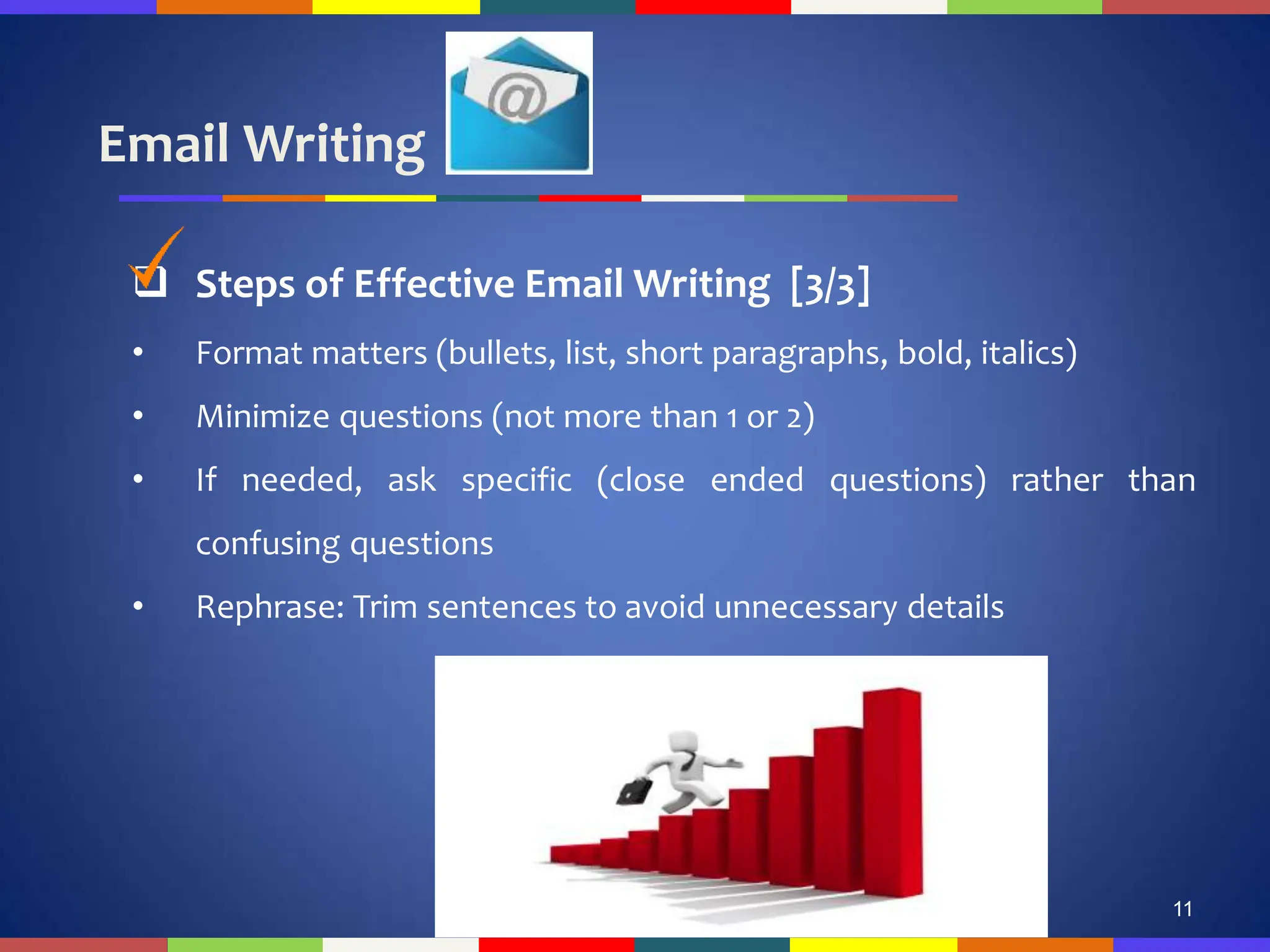 Email Writing
11
 Steps of Effective Email Writing [3/3]
• Format matters (bullets, list, short paragraphs, bold, italics)
• Minimize questions (not more than 1 or 2)
• If needed, ask specific (close ended questions) rather than
confusing questions
• Rephrase: Trim sentences to avoid unnecessary details
 