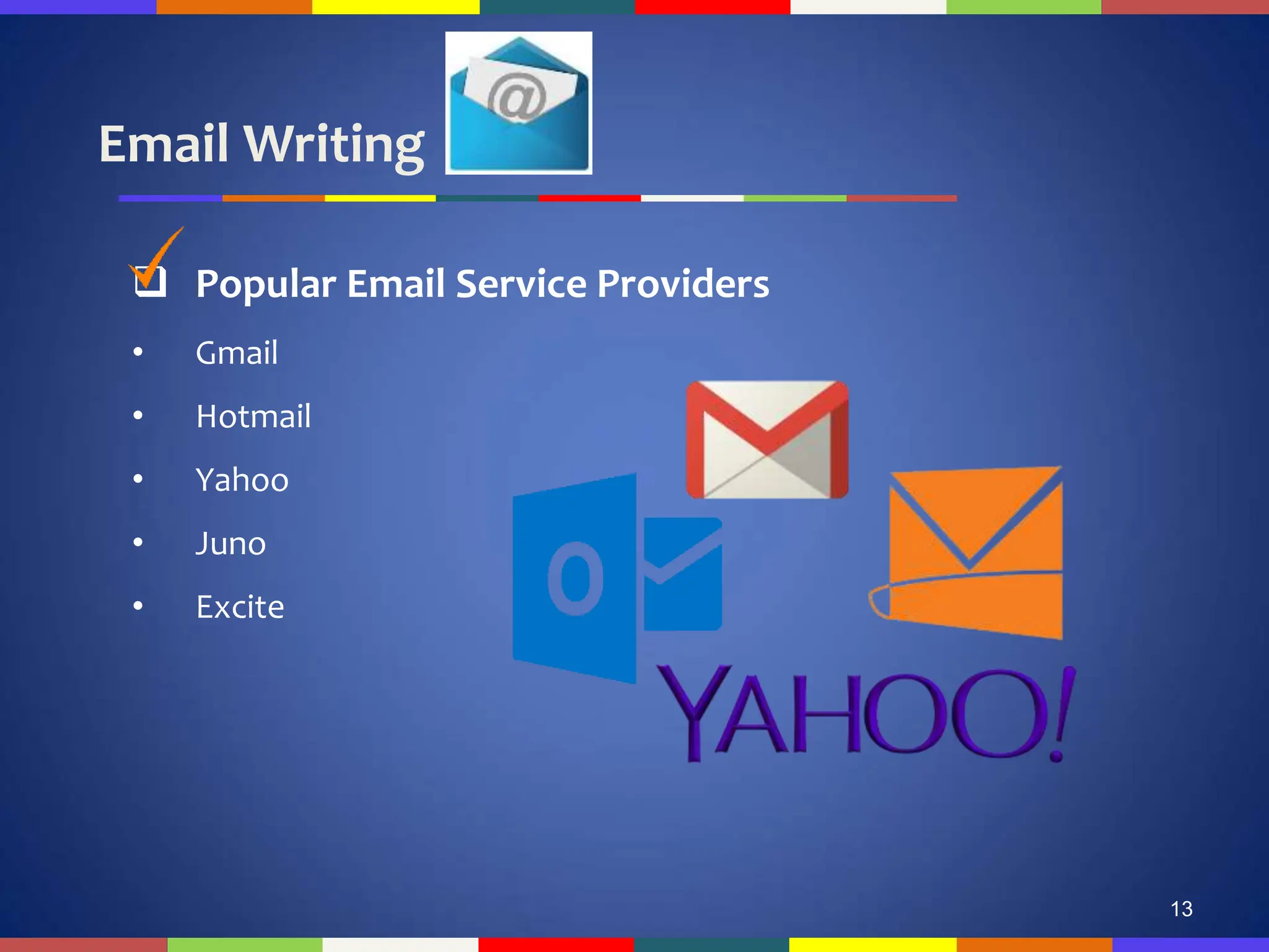 Email Writing
13
 Popular Email Service Providers
• Gmail
• Hotmail
• Yahoo
• Juno
• Excite
 